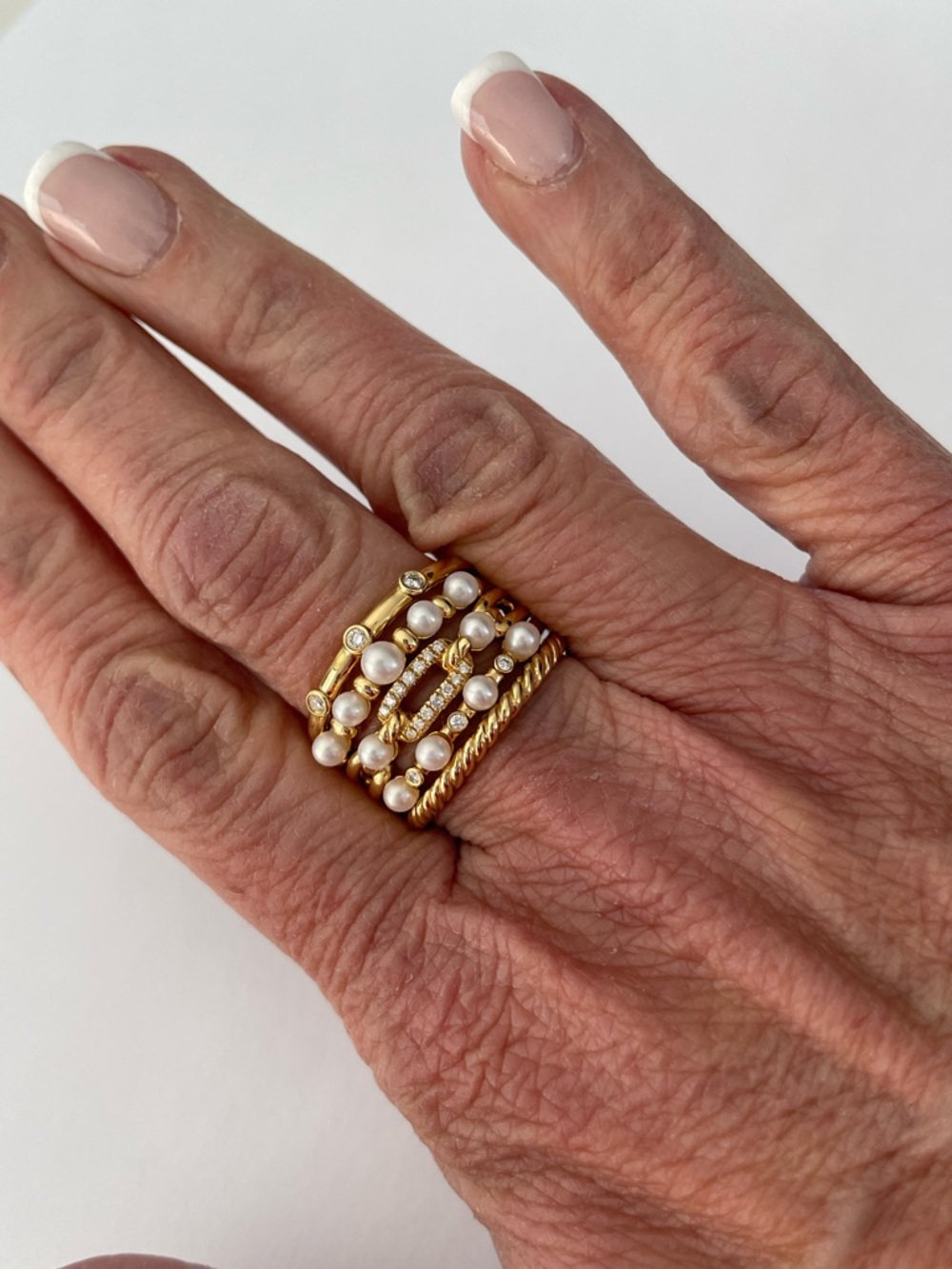 David Yurman 18k Petite Perle Pearl & Diamond Five Row Stax Ring - Picture 8 of 11